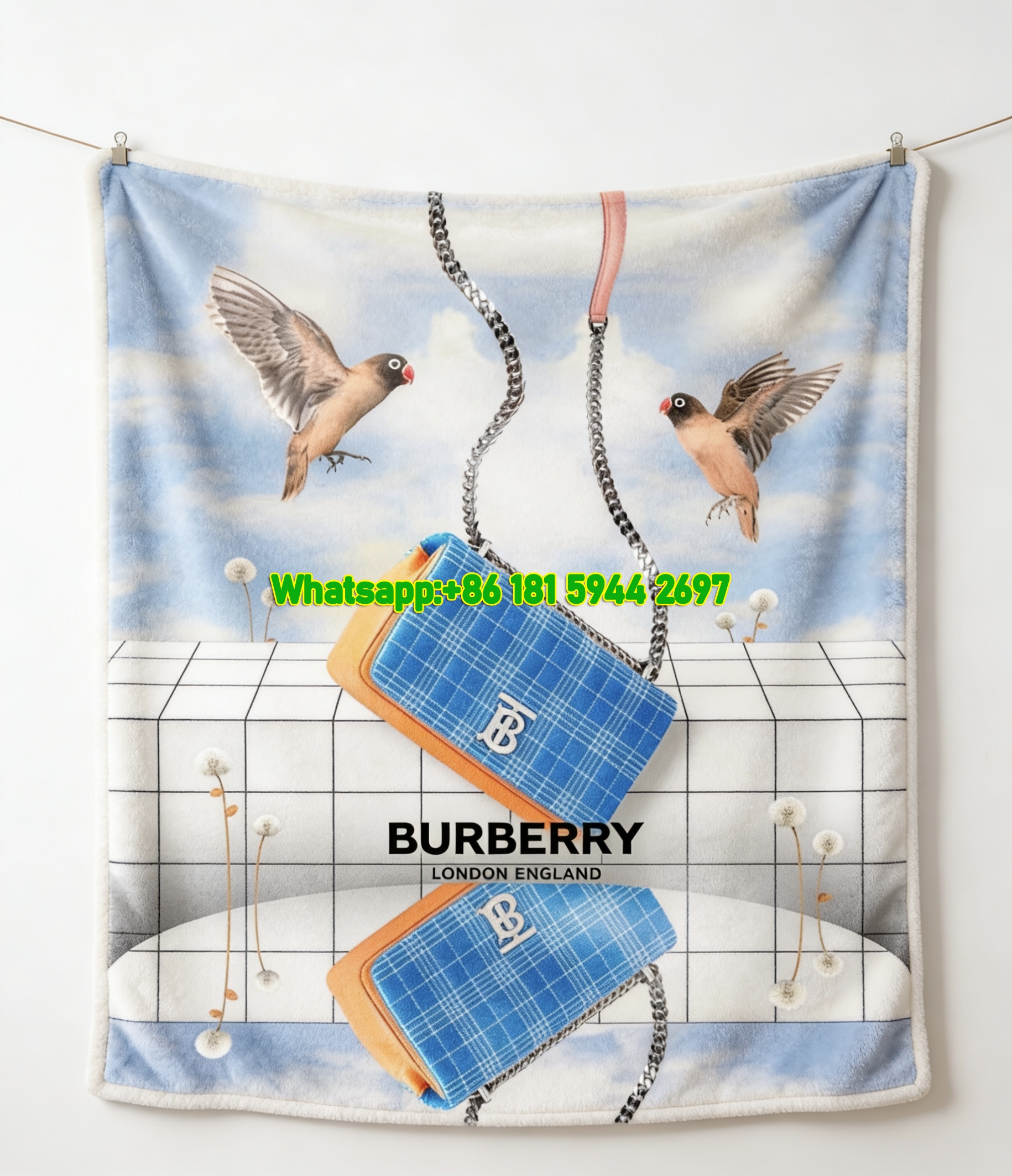 Burberry TB Bag & Bird Print Flannel Sofa Throw Blanket B227